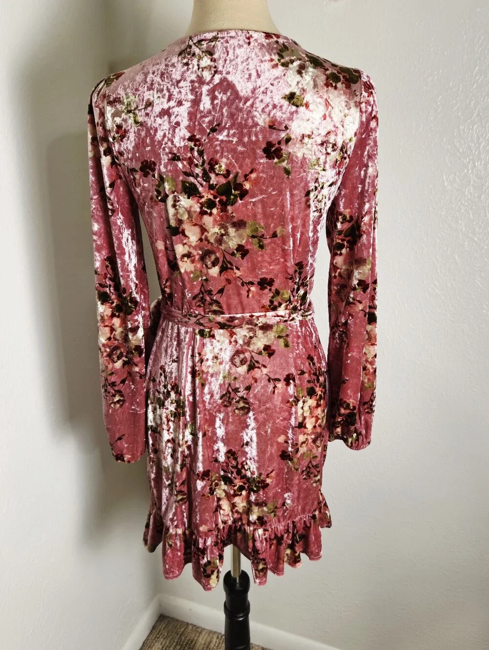 Free People Pink & Maroon Crushed Velvet Floral Wrap Mini-Dress, Size SP